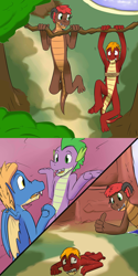 Size: 1280x2560 | Tagged: safe, artist:fuzebox, spike, oc, oc:magma, oc:mangle, oc:sharp, anthro, dragon, plantigrade anthro, comic, exercise, no pain no gain, older, older spike, pullup, shrug, spike's journey, story included, sweat, teenage spike, teenaged dragon, thumbs up, training, tree branch, tumblr