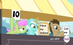 Size: 500x312 | Tagged: safe, edit, edited screencap, screencap, doctor whooves, lyra heartstrings, merry may, leap of faith, exploitable meme, hub logo, lyra's score, meme