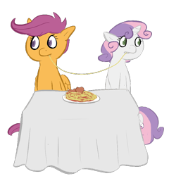 Size: 752x782 | Tagged: safe, artist:tempusfidgets, apple bloom, scootaloo, sweetie belle, pegasus, pony, unicorn, cutie mark crusaders, female, food, lady and the tramp, lesbian, pasta, scootabelle, shipping, simple background, spaghetti, spaghetti scene, transparent background