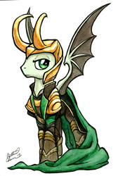 Size: 650x969 | Tagged: safe, artist:dracontiar, pony, bat wings, cape, clothes, helmet, loki, male, marvel, marvel comics, ponified, solo, stallion