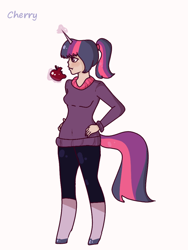 Size: 720x960 | Tagged: safe, artist:cherry, oc, oc only, oc:glimmer, satyr, apple, clothes, glowing horn, offspring, parent:twilight sparkle, solo