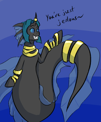 Size: 744x893 | Tagged: safe, artist:graytr, oc, oc only, oc:synch, changeling, sea pony, gold bangles, solo