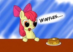 Size: 4850x3454 | Tagged: safe, artist:dash4700, apple bloom, cute, drool, simple background, solo, starstruck, syrup, table, tongue out, waffle