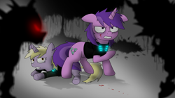 Size: 1920x1080 | Tagged: safe, artist:subesia, amethyst star, dinky hooves, sparkler, changeling, blood, cut, floppy ears, protecting