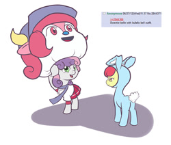 Size: 666x566 | Tagged: safe, apple bloom, sweetie belle, 4chan, buffalo bell, bunny bloom, bunny costume, clothes, cute, floppy ears, frown, open mouth, outfit, school uniform, smiling, unamused