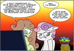 Size: 1024x700 | Tagged: safe, artist:catfood-mcfly, sweetie belle, oc, oc:checked privilege, cat, bored, cloth gag, comic, computer, dialogue, drama, floppy ears, frown, fury belle, gag, tied up, vulgar