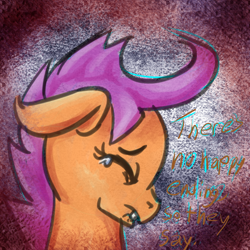 Size: 780x780 | Tagged: safe, artist:gallifreyanequine, scootaloo, bust, crying, quote, sad, sketchy