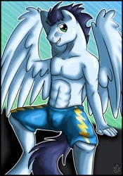 Size: 894x1280 | Tagged: safe, artist:stormblaze-pegasus, soarin', anthro, armpits, bare chest, clothes, shorts, solo, topless