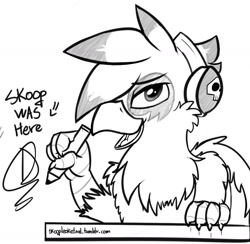 Size: 1280x1249 | Tagged: safe, artist:skoop, oc, oc only, oc:skoop, griffon, ask, bedroom eyes, blog, drawing, grin, headphones, looking at you, monochrome, open mouth, pencil, scratching, sketch, smiling, solo, tumblr