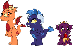 Size: 1413x897 | Tagged: safe, artist:purfectprincessgirl, oc, oc only, oc:cinder, oc:hue, oc:sparx, dragon, dragoness, female, flower, implied garble, implied princess ember, male, offspring, parent:garble, parent:princess ember, parents:emble, simple background, transparent background