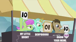 Size: 500x281 | Tagged: safe, doctor whooves, lyra heartstrings, merry may, leap of faith, derpibooru, exploitable meme, hub logo, know your meme, lyra's score, meme, my little brony