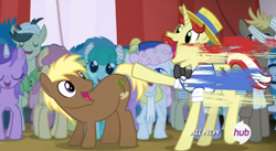 Size: 558x306 | Tagged: safe, screencap, amethyst star, coco crusoe, donny, flam, sparkler, earth pony, pony, leap of faith, animation smear, background pony, bandaged horn, gallop plop, hub logo, presenting, smear, smear frame, theodore donald "donny" kerabatsos