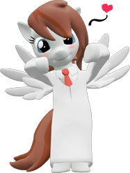 Size: 2008x2679 | Tagged: safe, artist:mollythemoopy, oc, oc only, oc:spectrum, pegasus, pony, 3d, bipedal, blushing, clothes, cosplay, cute, hakase, heart, lab coat, necktie, nichijou, source filmmaker