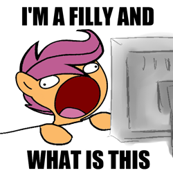 Size: 800x800 | Tagged: safe, artist:lootascoo, scootaloo, artifact, i'm a filly and what is this, i'm twelve years old and what is this?, reaction image, solo, sweetie derelle