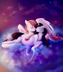 Size: 1498x1699 | Tagged: safe, artist:starkindlerstudio, oc, oc only, pegasus, pony, unicorn, belly, cloud, cloudy, oc x oc, pregnant, watermark