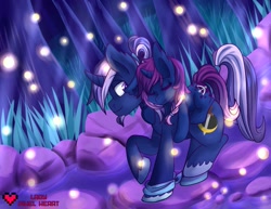 Size: 1017x786 | Tagged: safe, artist:ladypixelheart, oc, oc only, oc:azure night, oc:seline, azuna, carrying, father and child, father and daughter, male, night, offspring, parent and child, parent:oc:azure night, parent:princess luna, parents:azuna, parents:canon x oc, piggyback ride, ponies riding ponies, sleeping