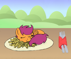 Size: 1485x1240 | Tagged: safe, artist:merkleythedrunken, scootaloo, food, fork, french fries, hill, knife, meal, napkin, plate, scootachicken, sleeping, solo