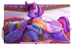 Size: 1000x635 | Tagged: safe, artist:hazurasinner, oc, oc only, oc:starchaser, oc:windy belle, alicorn, pegasus, pony, alicorn oc, cloak, clothes, dress, earring, eyes closed, female, floppy ears, hug, lesbian, magical lesbian spawn, oc x oc, offspring, offspring shipping, on side, parent:fluttershy, parent:pinkie pie, parent:rainbow dash, parent:twilight sparkle, parents:flutterdash, parents:twinkie, prone, scar, shipping, shoes, sleeping, smiling, starbelle