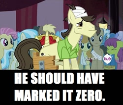 Size: 576x488 | Tagged: safe, edit, edited screencap, screencap, candy mane, carrot top, cultivar, doctor whooves, donny, flam, golden harvest, pokey pierce, rainbowshine, earth pony, pony, unicorn, leap of faith, bandage, caption, clothes, hub logo, image macro, male, shirt, stallion, text, the big lebowski, theodore donald "donny" kerabatsos, wheelchair