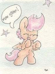 Size: 675x903 | Tagged: safe, artist:slightlyshade, scootaloo, pony, bipedal, eyes closed, solo, stars, traditional art