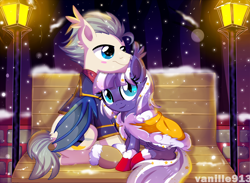 Size: 1280x936 | Tagged: safe, artist:spookyle, oc, oc only, oc:armor shield, oc:sweet lullaby, bat pony, pony, couple, snow, snowfall, winter