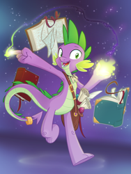 Size: 1200x1600 | Tagged: safe, artist:equestria-prevails, spike, dragon, armpits, book, magic, male, older, older spike, open mouth, satchel, scroll