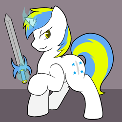 Size: 1250x1250 | Tagged: safe, artist:shenhibiki, oc, oc only, oc:silver strike, solo, sword