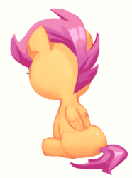 Size: 406x545 | Tagged: safe, artist:jirousan, scootaloo, back, simple background, sitting, solo, turned away, white background