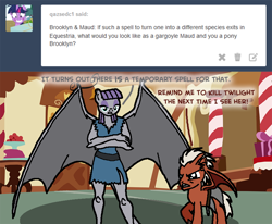 Size: 854x705 | Tagged: safe, artist:flyingbrickanimation, maud pie, anthro, gargoyle, ask, ask maudlyn, brooklyn, clothes, crossover, crossover shipping, dress, female, gargoyles, male, maudlyn, ponified, shipping, species swap, straight, torn clothes, tumblr, tumblr comic