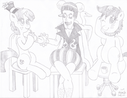 Size: 3308x2552 | Tagged: safe, artist:mc-ryan, oc, oc:kryptfoal, spider, bentham, bon clay, crossover, glitter shell, monochrome, one piece, tea, tea party