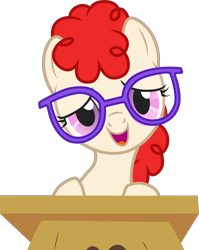 Size: 2530x3181 | Tagged: safe, artist:cloudyglow, twist, earth pony, pony, call of the cutie, cute, daaaaaaaaaaaw, desk, female, filly, foal, glasses, high res, looking at you, open mouth, simple background, smiling, solo, transparent background, twistabetes, vector