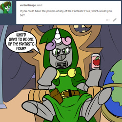 Size: 576x576 | Tagged: safe, artist:pembroke, sweetie belle, dialogue, doctor doom, fantastic four, marvel, meanie belle, solo