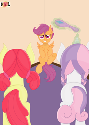 Size: 2204x3119 | Tagged: dead source, safe, artist:dawn-designs-art, artist:knil, artist:the-crusader-network, apple bloom, scootaloo, sweetie belle, alternate hairstyle, braid, brush, corner, cornered, cutie mark crusaders, doomed, magic, missing accessory, pigtails