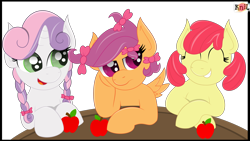 Size: 3920x2204 | Tagged: dead source, safe, artist:dawn-designs-art, artist:knil, artist:the-crusader-network, apple bloom, scootaloo, sweetie belle, alternate hairstyle, apple, bow, braid, cutie mark crusaders, missing accessory, pigtails