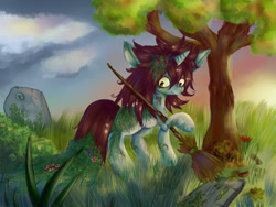 Size: 1024x768 | Tagged: safe, artist:szopwmeloniku, oc, oc only, oc:moss, pony, unicorn, broom, bush, evening, gravestone, graveyard, moss, solo, standing, tree