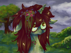 Size: 1024x768 | Tagged: safe, artist:szopwmeloniku, oc, oc only, oc:moss, pony, unicorn, bush, cloud, cloudy, moss, solo, tree