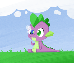 Size: 500x430 | Tagged: safe, artist:nami-tsuki, spike, dragon, parasprite, baby, baby dragon, cloud, cute, fangs, field, grass, green eyes, male, sitting, sky, solo, spikabetes