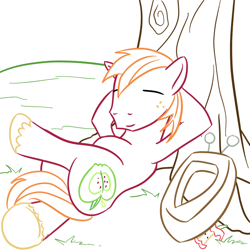 Size: 800x800 | Tagged: safe, artist:wryte, big macintosh, earth pony, pony, apple core, lineart, male, newbie artist training grounds, sleeping, stallion, tree, yoke