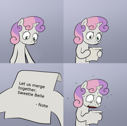 Size: 1024x1021 | Tagged: safe, sweetie belle, pony, unicorn, bipedal, clever, exploitable meme, female, filly, fusion, gradient background, hoof hold, horn, letter, meme, paper, solo, surreal, sweetie's note meme, two toned hair, we have become one, white coat