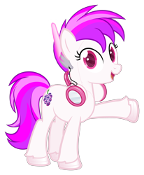 Size: 3000x3634 | Tagged: safe, artist:marik azemus34, artist:sollace, oc, oc only, oc:raspberry rhapsody, cyborg, pony, headphones, open mouth, simple background, solo, transparent background, vector