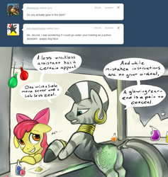 Size: 1280x1351 | Tagged: safe, artist:hobbes-maxwell, apple bloom, zecora, zebra, ask, ask zecora, tumblr