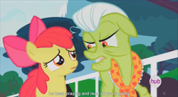 Size: 1394x762 | Tagged: safe, screencap, apple bloom, granny smith, leap of faith, hub logo, meme, praying, youtube caption