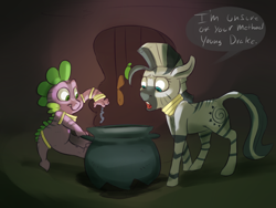 Size: 1280x960 | Tagged: safe, artist:imsokyo, spike, zecora, dragon, zebra, ask, cauldron, daily life of spike, dialogue, duo, female, male, mare, open mouth, potion, tumblr, when she doesn't rhyme