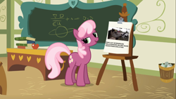 Size: 1366x768 | Tagged: safe, cheerilee, cat, chalkboard, cheerilee's clipboard meme, exploitable meme, insane fan theory, meme, ponyville schoolhouse