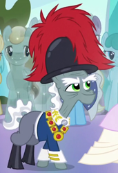 Size: 339x495 | Tagged: safe, screencap, bright smile, castle (crystal pony), eclair créme, spring melody, sprinkle medley, crystal pony, pony, equestria games (episode), background pony, commander redfeather, cropped, elderly, equestria games, feathered hat, male, solo focus, stallion