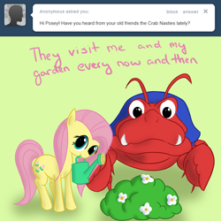 Size: 1280x1280 | Tagged: safe, artist:squiby-327, posey, earth pony, pony, g1, ask, ask posey, bush, crabnasty, cute, female, flower, green background, looking at you, mare, mouth hold, poseybetes, simple background, smiling, tumblr, watering can