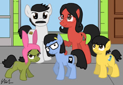 Size: 1024x711 | Tagged: safe, artist:qemma, bob belcher, bob's burgers, gene belcher, linda belcher, louise belcher, ponified, tina belcher