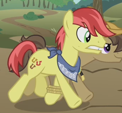 Size: 343x317 | Tagged: safe, screencap, happy trails, prairie tune, earth pony, pony, apple family reunion, apple family member, background pony, bandana, cropped, duo, male, running, seven-legged race, stallion