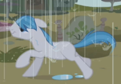 Size: 283x197 | Tagged: safe, screencap, earth pony, pony, the ticket master, background pony, blank flank, cropped, icy drop, male, rain, solo, stallion