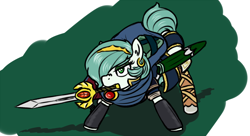 Size: 1500x813 | Tagged: safe, artist:hipsanon, oc, oc only, oc:emerald jewel, alternate costumes, boots, cloak, clothes, colt quest, crossover, crown, earring, eyeshadow, falchion, femboy, fire emblem, hair over one eye, makeup, male, marth, piercing, solo, sword, trap, weapon